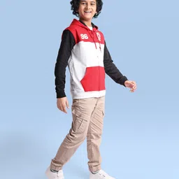 Pine Kids Cotton Knit Full Sleeves Hooded Sweatjacket With Cut & Sew Design & Text Print - Red & White image 3