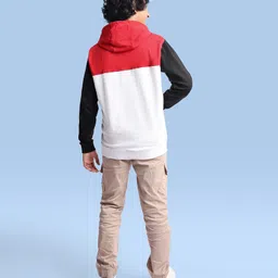 Pine Kids Cotton Knit Full Sleeves Hooded Sweatjacket With Cut & Sew Design & Text Print - Red & White image 4