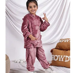 NEUDIS Fleece Knit Full Sleeves Fur Detailed Hoodie & Trousers Set - Mauve image 5