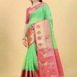 Silk Land Green Silk Woven Saree With Unstitched Blouse image 3