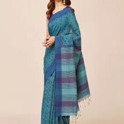 Fabindia Blue Printed Saree Without Blouse image 3