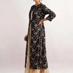 Ekohum Black & Cream Print Double Layer Dress with Separate Gathered Inner image 3