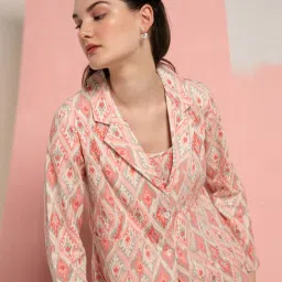 Ekohum Pink Cotton Flex Ikhat Print Coat with Cotton Flex Ikhat Print Pant Co-Ord Set image 3