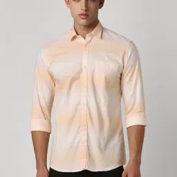 Peter England Peach Cotton Slim Fit Ombre Shirt-picture-31
