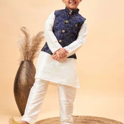 VASTRAMAY Boys Navy & Cream Embroidery Full Sleeves Kurta Sets image 1