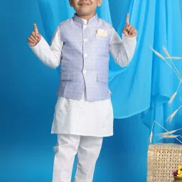 VASTRAMAY Boys Blue & White Self Full Sleeves Kurta Sets image 1