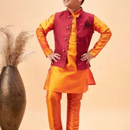 VASTRAMAY Boys Orange & Maroon Self Full Sleeves Kurta Sets image 1