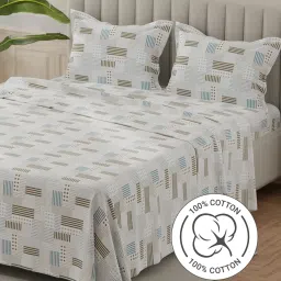 Layers Lumina Floret Blue & Green Cotton Geometric 140 TC Flat King Bedsheet with 2 Pillow Covers image 1