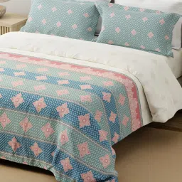 Layers Forever Blue & White Cotton Ethnic 120 TC Flat King Bedsheet with 2 Pillow Covers image 1