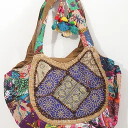 Exotic India Ethnic Motifs Patchwork Shopper Pure Cotton Shoulder Bag With Zari Embroidery-picture-22