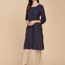 Fabindia Navy Cotton Striped Straight Kurta image 3