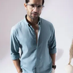 Perch Blue Linen Blend Slim Solid Casual Shirts-picture-36