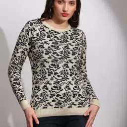 Globus Women Black Round Neck Long Sleeves Floral Print Ribbed Hem Winterwear Pullover Sweater-picture-26