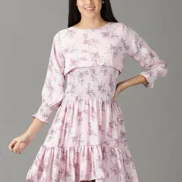 SHOWOFF Pink Floral Print A-Line Dress-image-0