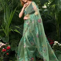 BEATITUDE Green Embroidered Saree With Unstitched Blouse image 3