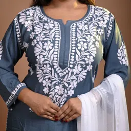 MALKIAT Women Floral Embroidered Regular Thread Work Kurta with Churidar & With Dupatta image 3