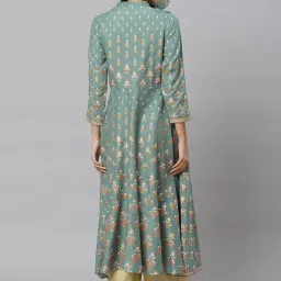 YASH GALLERY Turquoise Floral Print Flared Kurta image 2