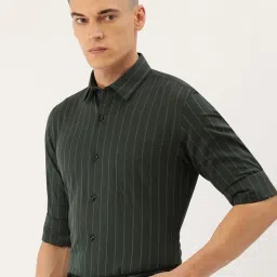 Peter England Green Slim Fit Striped Shirt image 3