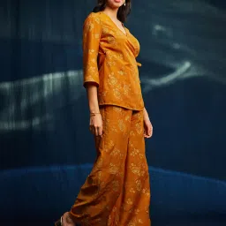 Pink Fort Yellow Floral Print Wrap Top With Pants image 3