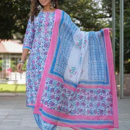 Rain and Rainbow Blue Cotton Embroidered Kurta & Salwar Set With Dupatta image 1