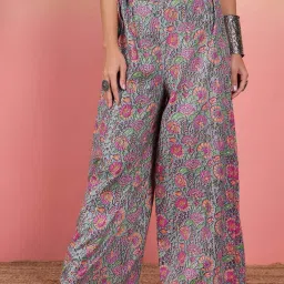 Inweave Grey Cotton Floral Print Palazzos image 1