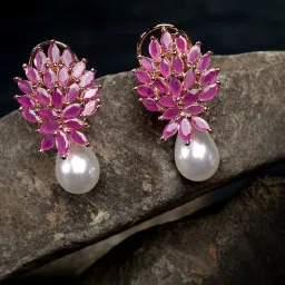 Saraf RS Jewellery Rose Gold Pink AD studded Pearl Drop Earring image 1