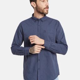 Mettle Navy Cotton Regular Fit Striped Shirt-picture-19