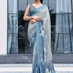 Satrani Grey & Dusty Blue Floral Print Saree With Unstitched Blouse-image-10