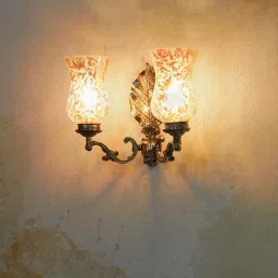 FOS LIGHTING Classic Betel Leaf Golden Aluminium 2-In-1 Wall Sconce With Etched Glass image 2
