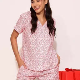 Clovia Pink Cotton Printed Shirt Shorts Set image 1