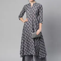 Indibelle Grey Cotton Printed A Line Kurta-image-2