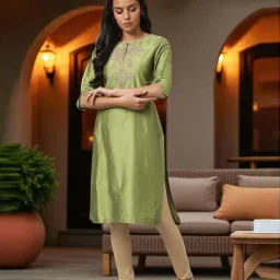 W Olive Green Embroidered Straight Kurta image 1