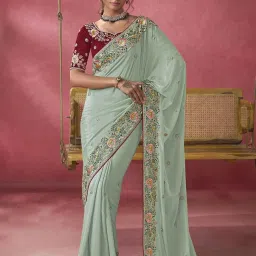 Odette Sea Green Georgette Embroidered Saree With Unstitched Blouse image 1