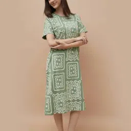 Ginger By Lifestyle Medium Olive Cotton Regular Fit Printed Sleepewear Dress image 3