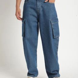 BENE KLEED Blue Cotton Loose fit Solid Cargo Jeans-picture-1