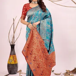Moda Rapido Turquoise Blue Woven Design Silk Cotton Kanjeevaram Sarees-picture-25