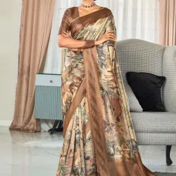 Satrani Beige & Camel Brown Hand-Printed Saree With Unstitched Blouse-image-30