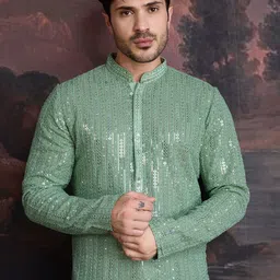House of Pataudi Embroidered Sequinned Mandarin Collar Straight Kurta With Trouser image 2