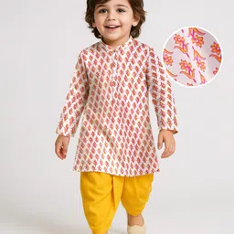 Babyhug 100% Cotton Woven Full Sleeves Kurta & Dhoti Set With Floral Print - White-picture-12