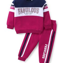 Babyhug Cotton Terry Knit Full Sleeves T-Shirt & Lounge Pants Set With Text Print - Maroon & Navy-picture-42