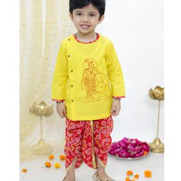 KID1 Janmastami Theme Cotton Full Sleeves Krishna Embroidered Kurta With Bandhani Printed & Lace Detailed Dhoti Set - Yellow & Red-picture-7