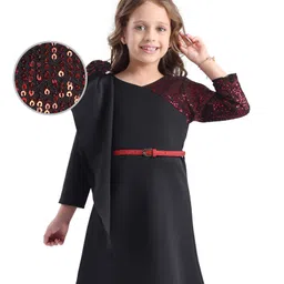 Hola Bonita Knit Full Sleeves A Line Sequined Party Dress withScuba Scarf Style & Floral Applique - Black-image-12