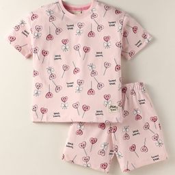 CUCUMBER Sinker Knit Half Sleeves Co-Ord Shorts Night Suit with Sweet Treat Text Print - Pink-picture-49