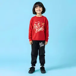 Trampoline Full Sleeves You Are Awesome Text Printed Tee & Track Pant Set - Red & Black-picture-19