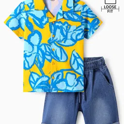 OLLINGTON ST. Cotton Half Sleeves Printed Shirt & Stretchable Denim Shorts - Multicolor & Indigo-picture-19