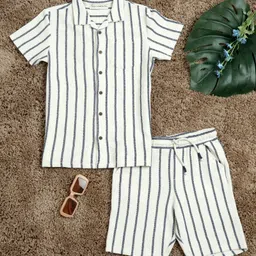 The Lion and the Fish Cotton Half Sleeves Striped Shirt & Coordinating Shorts Set - Teal Blue-picture-22