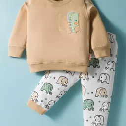 Child World Interlock Knit Full Sleeves T-Shirt & Joggers Set With Animal Patch - Tan & White-picture-24
