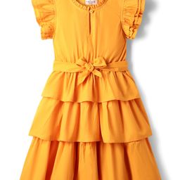 arias by lara dutta Arias Cotton Woven Half Frill Sleeves Solid Coloured Dress With Gathered Ruffles and Belt - Yellow-picture-4