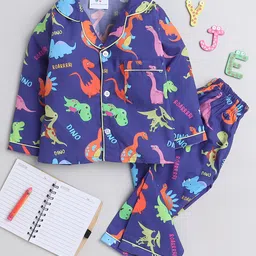 Knitting Doodles Poplin Woven Full Sleeves Baby Dinosaurs Printed Coordinating Night Suit Set - Blue-image-26