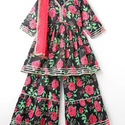 Pine Kids Woven Three Fourth Sleeves Kurta Gharara & Dupatta Set With Floral Print - Black-picture-32